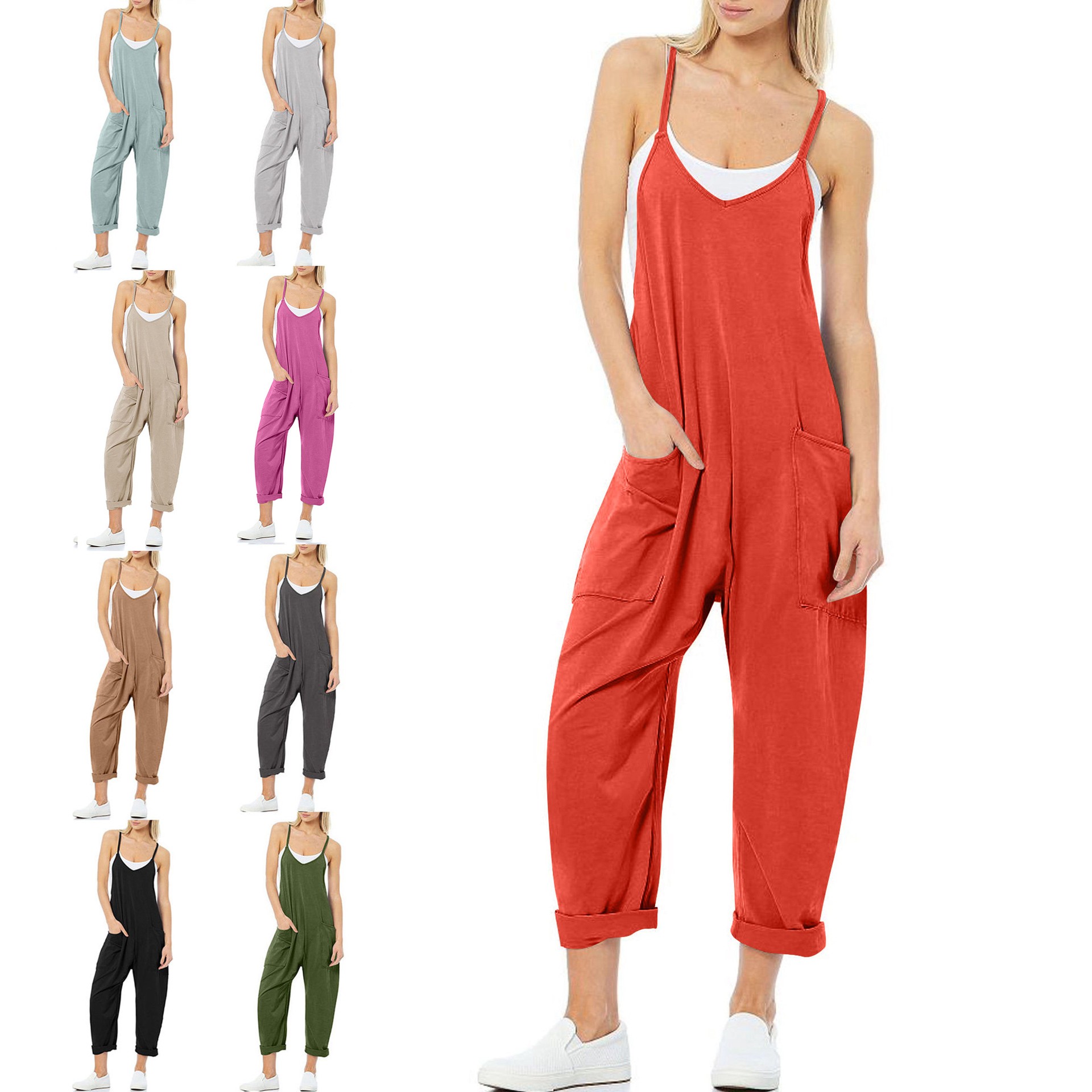 欧美女装夏季新款亚马逊休闲口袋吊带针织连体长裤背带长裤女