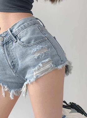 女破洞毛边高腰A字牛仔短裤Frayed holey denim shorts for women