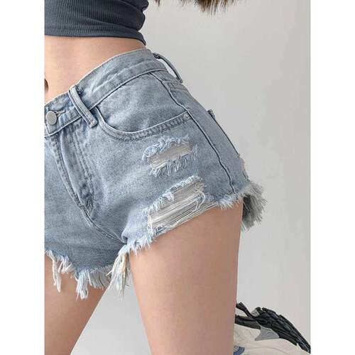 女破洞毛边高腰A字牛仔短裤Frayed holey denim shorts for women