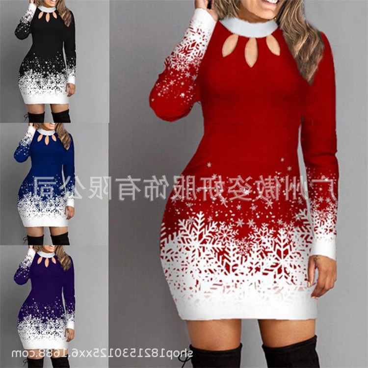 欧美外贸新款亚马逊跨境圣诞节印花长袖卫衣连衣裙中裙女