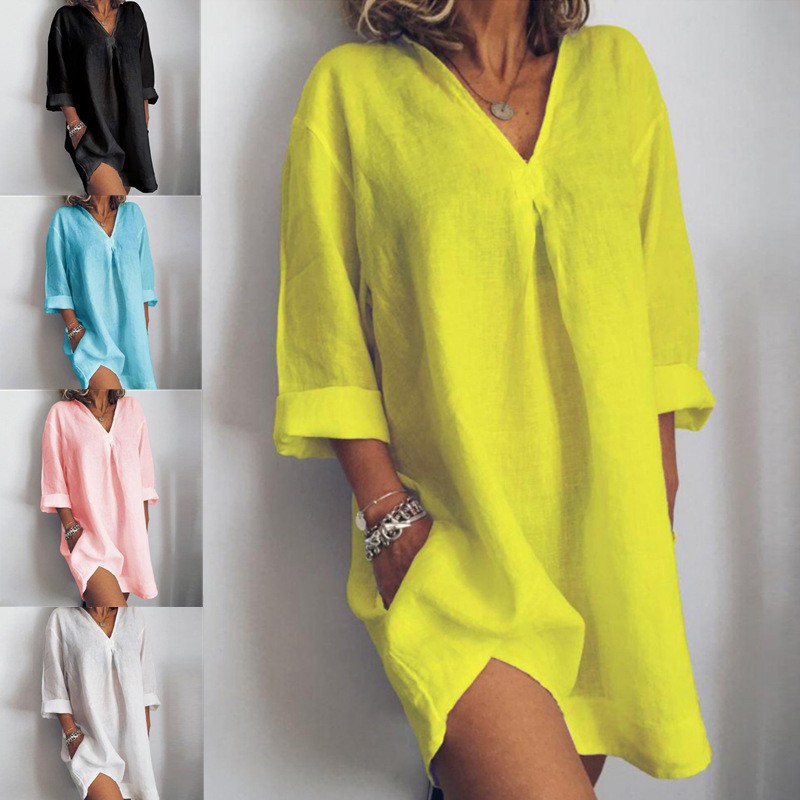 亚马逊速卖通跨境外贸女装夏季口袋领七分袖棉麻欧美连衣裙