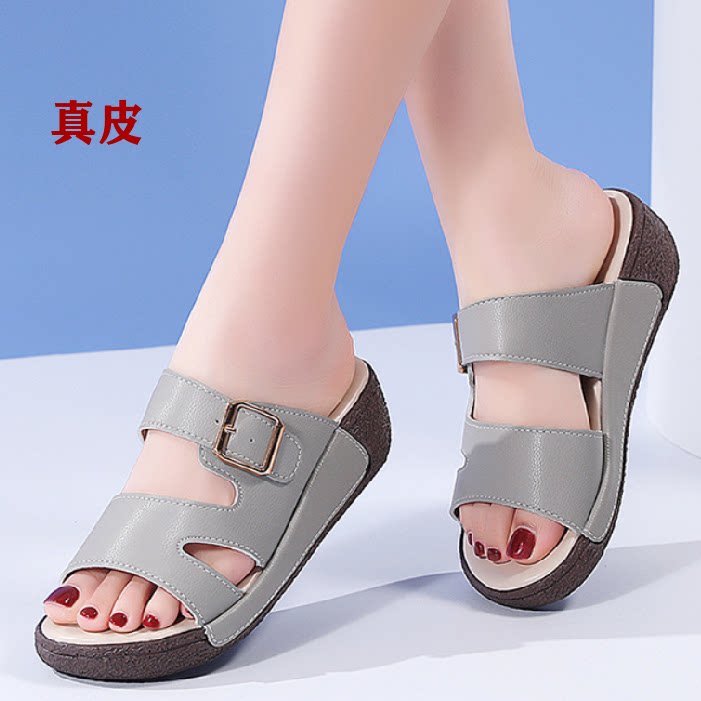 真皮厚底拖鞋女2026夏季新款时尚百搭外穿露趾坡跟凉拖鞋松糕女鞋