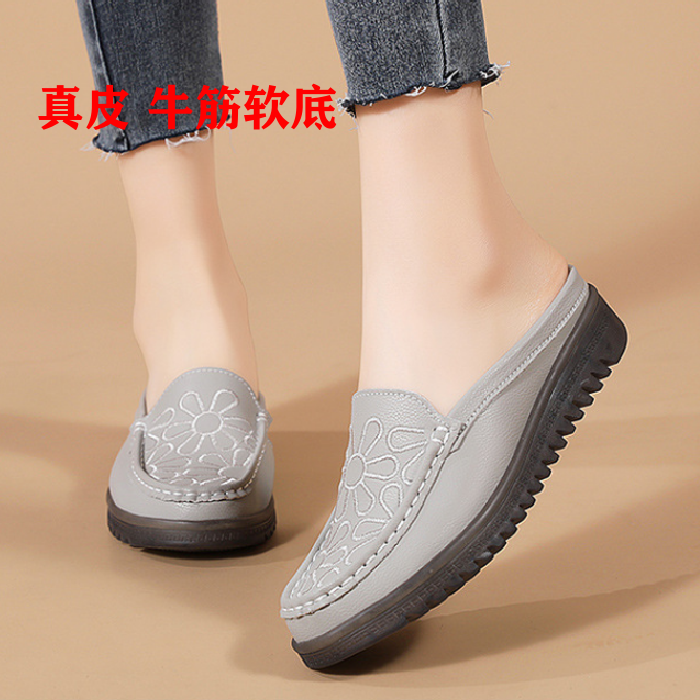 包头真皮平跟中老年软底凉拖鞋