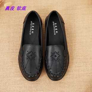 真皮软底一脚蹬女单鞋平底圆头舒适轻便休闲豆豆鞋中老年妈妈女鞋