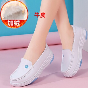 休闲风牛皮乐福鞋豆豆女鞋白色厚底一脚蹬不累脚加绒保暖棉鞋冬季