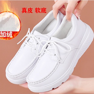 冬季真皮女鞋加绒保暖棉鞋软底时尚百搭舒适护士鞋白色休闲单鞋子