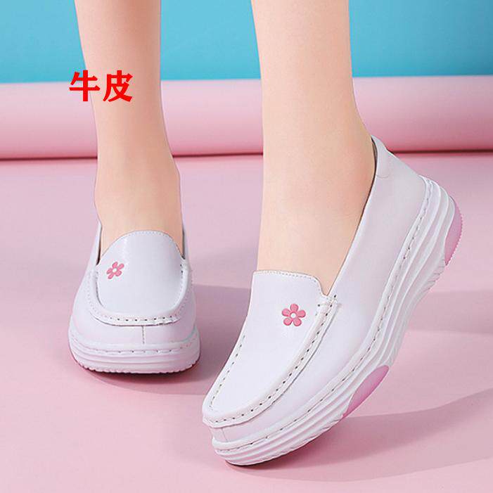 春夏真皮护士鞋女鞋白色厚底单鞋懒人鞋休闲一脚蹬软底医护工作鞋