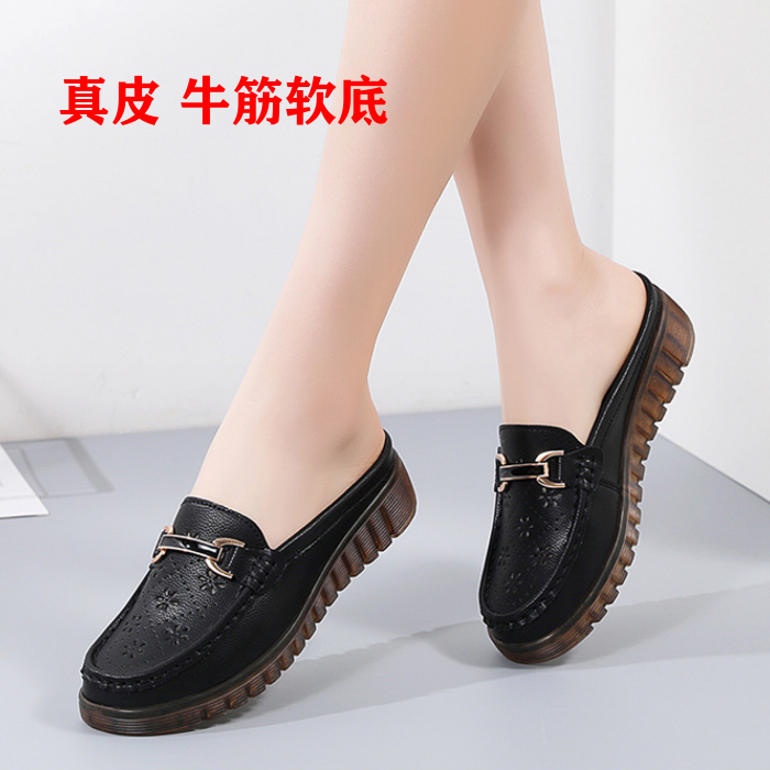 真皮包头拖鞋女妈妈鞋2025夏季新款镂空透气平底防滑软底凉鞋女鞋