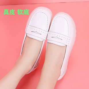 春夏真皮休闲白色平底一脚蹬乐福鞋女防滑软底舒适不累脚休闲女鞋
