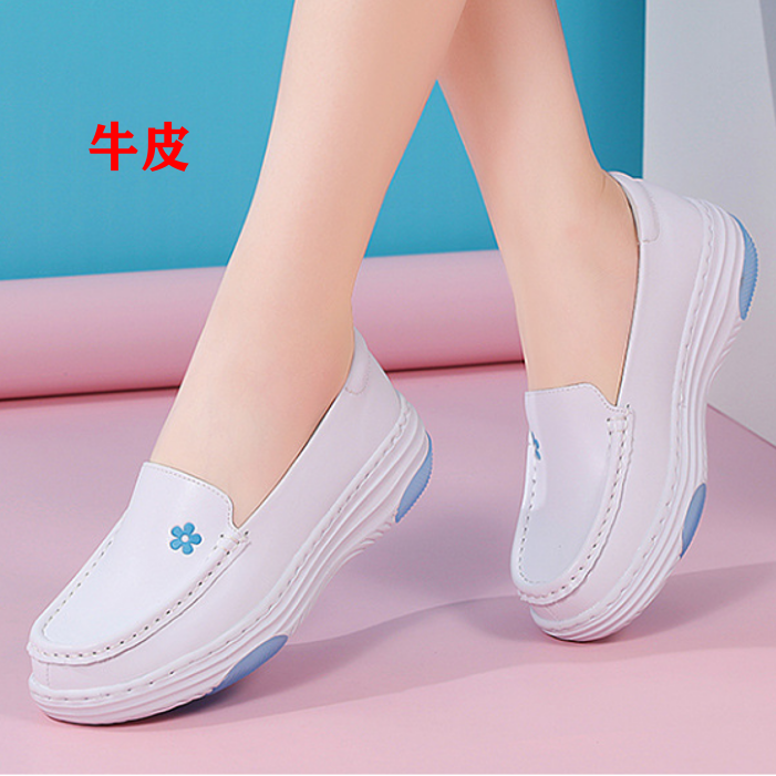 真皮休闲厚底护士鞋春夏女鞋白色单鞋一脚蹬软底防滑医护工作鞋女