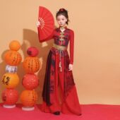 红色儿童走秀服国风打鼓舞蹈演出服女童T台表演套装 女团爵士街舞