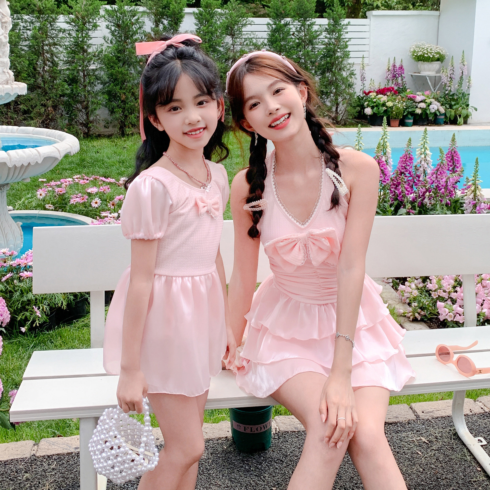 新款亲子泳衣母女保守粉色蛋糕裙挂脖可爱公主女童儿童温泉游泳装