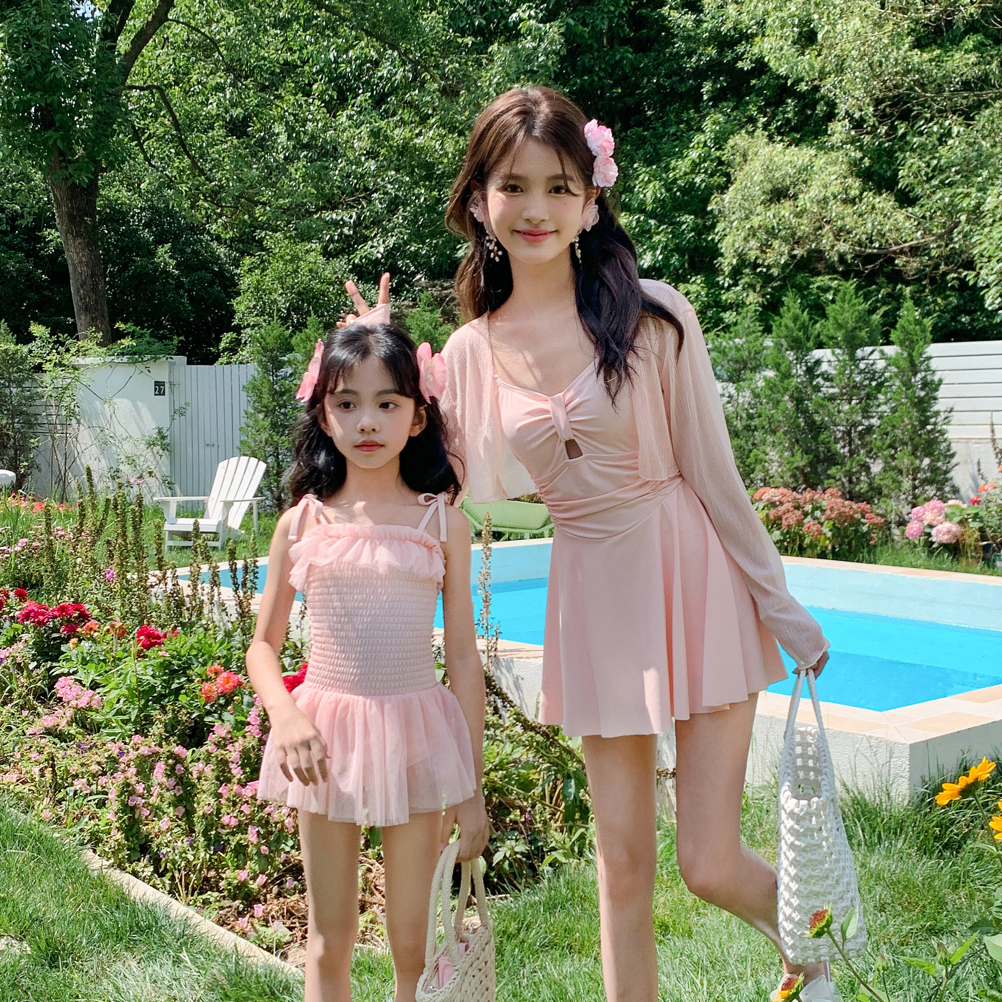 粉色亲子海边泳衣母女保守裙式分体女童可爱纱裙中小儿童温泉泳装