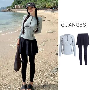 新款尾波冲浪高领泳衣女长袖长裤专业防晒UPF50+速干潜水服水母衣