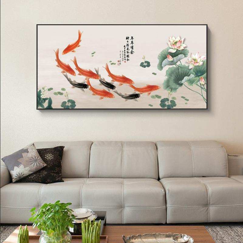 新中式沙发背景墙装饰画客厅墙面沙发后面的挂画餐厅挂画 九鱼图图片