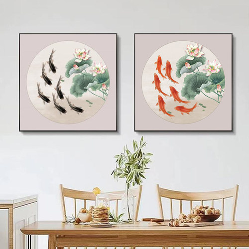 六鱼图挂画荷花壁画客厅挂画