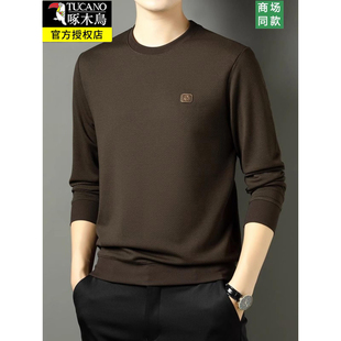纯色卫衣中年宽松上衣打底衫 桑蚕丝长袖 圆领t恤春秋季 啄木鸟男士