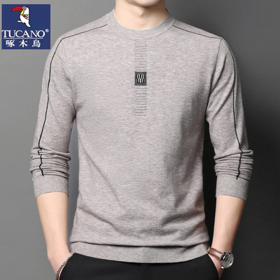 啄木鸟羊毛衫男士春秋款针织衫圆领薄款毛衣男长袖t恤线衣打底衫