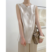 无袖 25夏新进口三醋酸设计感金属缎面上衣 圆领背心女夏外穿