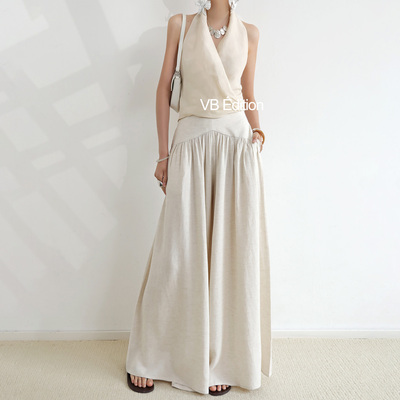 VB法式极简亚麻高腰阔腿裤裙