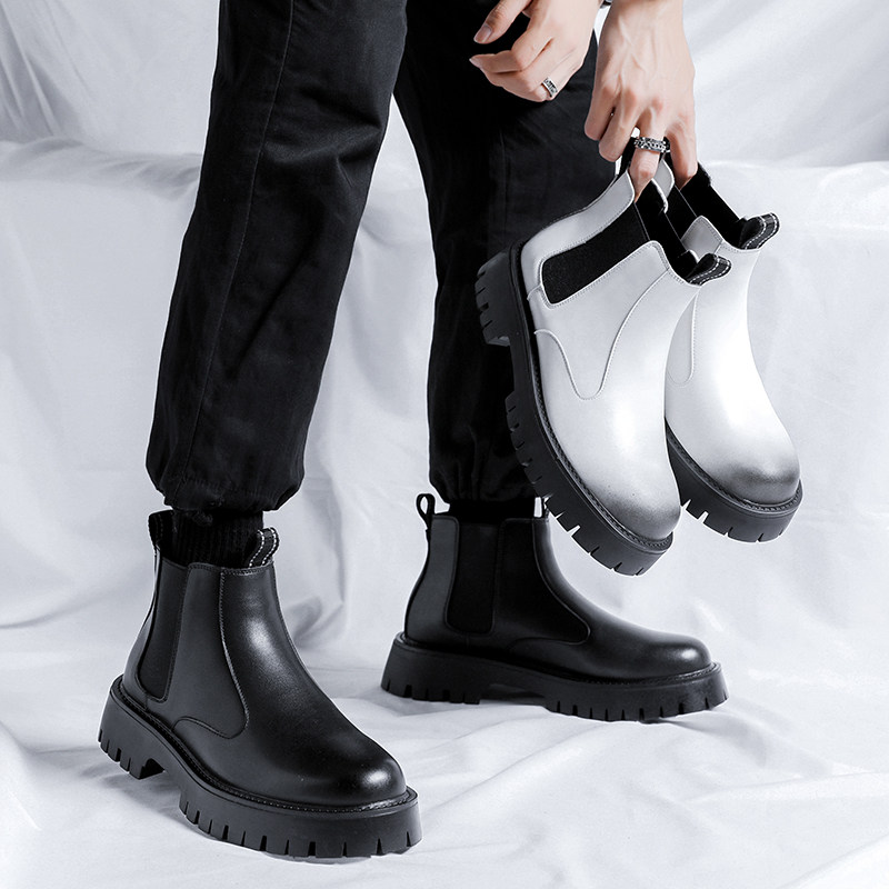 BRITISH STYLE LEATHER CHELSEA BOOTS MENS FASHION PREMIUM FLEECE CHIMNEY BOOTS MENS PLUS SIZE HIGH-TOP MARTIN BOOTS MEN