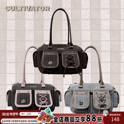 Cultivator原创小众复古撞色拼接格纹单肩腋下斜挎保龄球包2025冬