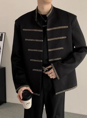 新中式中山西装外套男士春秋季黑色高级感休闲中国风痞帅小西服潮