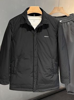 秋冬季中长款翻领棉服男士轻薄款棉袄大衣商务休闲黑色轻便外套潮