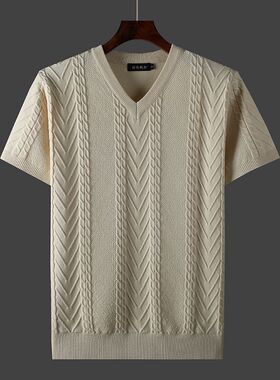 春夏季新款纯色宽松男士针织衫高端短袖体恤半袖V领百搭潮流毛衣