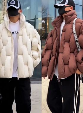 潮牌立领棉衣韩版情侣款加厚保暖秋冬季潮流编织羽绒棉面包服外套