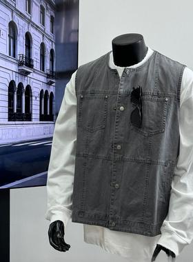 春秋季新款美式休闲水洗做旧马甲工装无袖坎肩外套男士灰色上衣潮