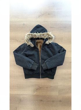 黑色银狐解构座山雕连帽外套男士秋冬毛领棉服加绒保暖衣百搭休闲