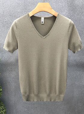 夏季新款男士冰丝半袖针织衫纯色V领短袖韩版修身薄款潮流打底衫