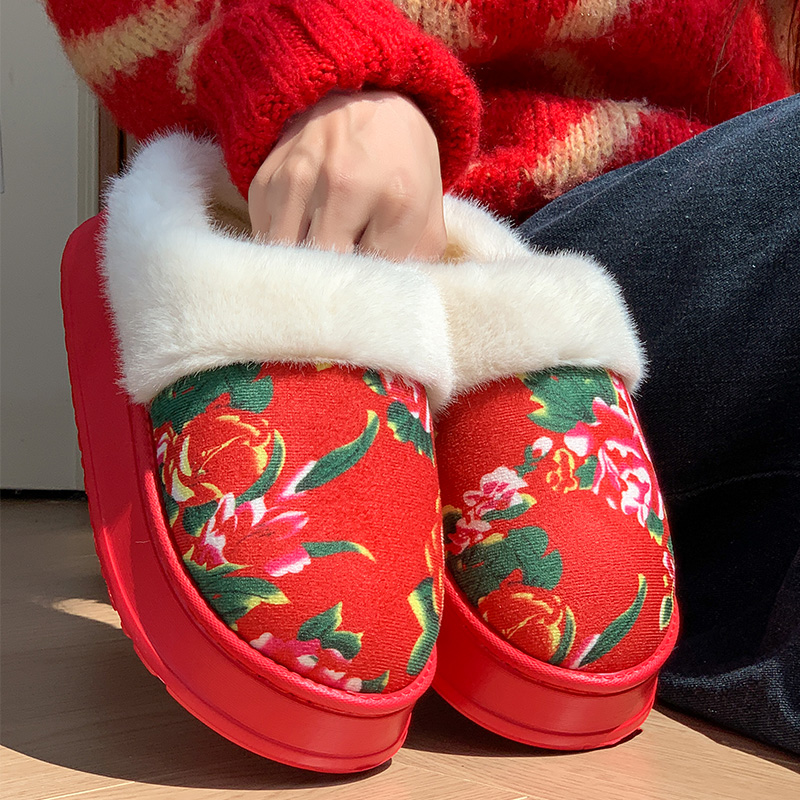 东北大花棉拖鞋女冬季包跟保暖