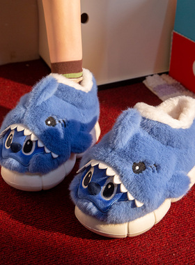 可爱鲨鱼棉拖鞋男款包跟2025新款室内家居防滑毛拖鞋冬季棉鞋男士