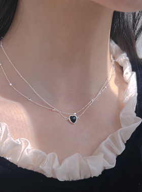 纯银女双层爱心黑玛瑙精致锁骨链