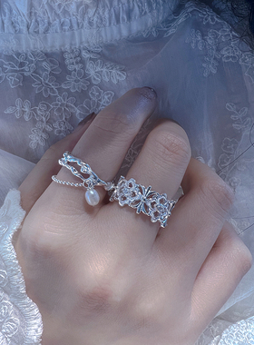 女民族风纯银蕾丝花边戒指珍珠指