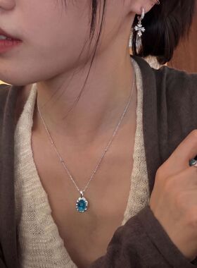 韩系ins花边海蓝宝吊坠项链女新款小众复古椭圆百搭时尚细锁骨链