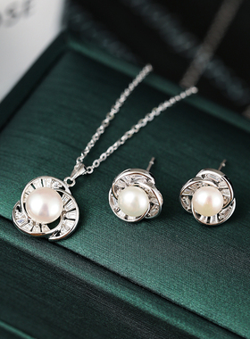 纯银天然珍珠项链女耳钉气质限定