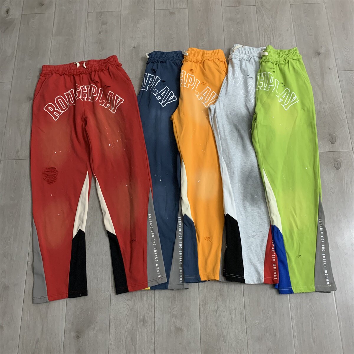 RoughPlay Pants欧美街头潮牌拼接洗水做旧破洞青年卫裤休闲裤