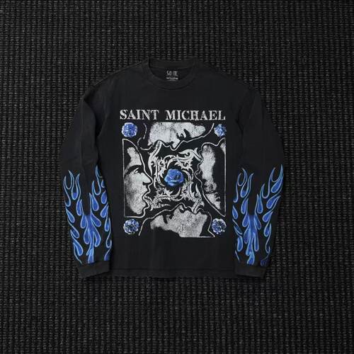 Saint Michael 蓝火焰长袖 破碎人像蓝玫瑰水洗做旧重磅高街长袖T
