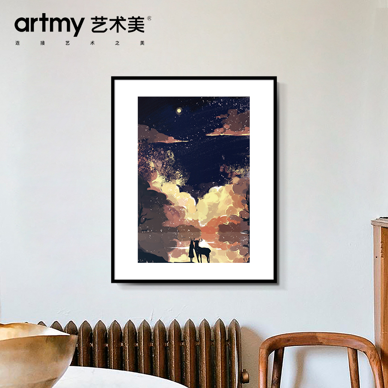 曾杭杭 现代简约玄关装饰画云彩麋鹿人物风景挂画客厅过道水彩画图片