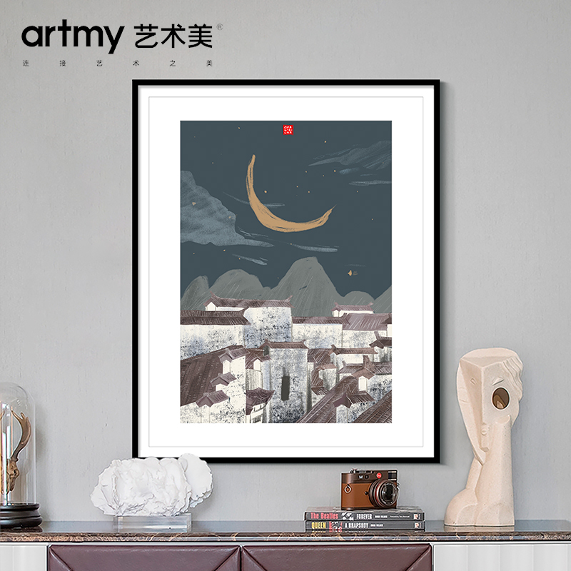 茶小茶 挂画新中式建筑房屋月亮卧室墙面壁画客厅风景抽象装饰画图片