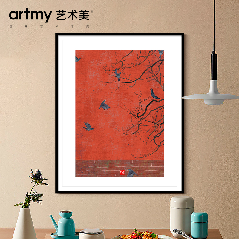 茶小茶 新中式中国风红色装饰画客厅墙面挂画古建筑玄关走廊壁画图片
