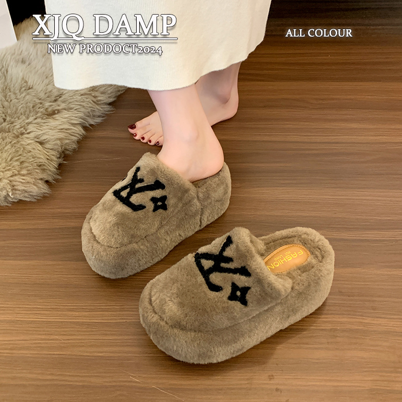 包头毛毛半拖鞋女秋冬季加绒外穿小个子增高女鞋2025新款厚底棉拖