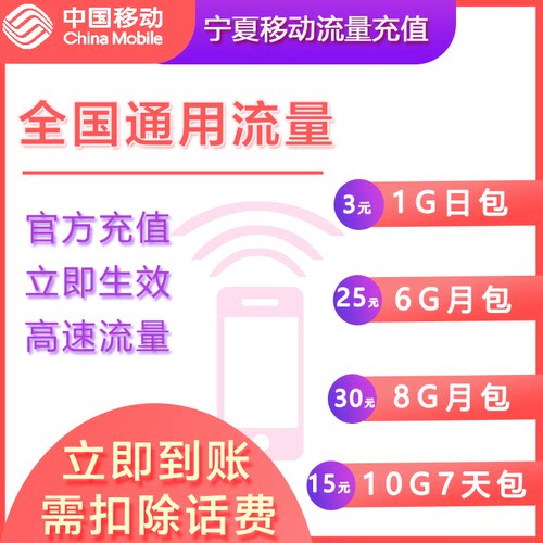 宁夏移动手机流量充值10GB高速流量直充快速生效全国通用立即生效