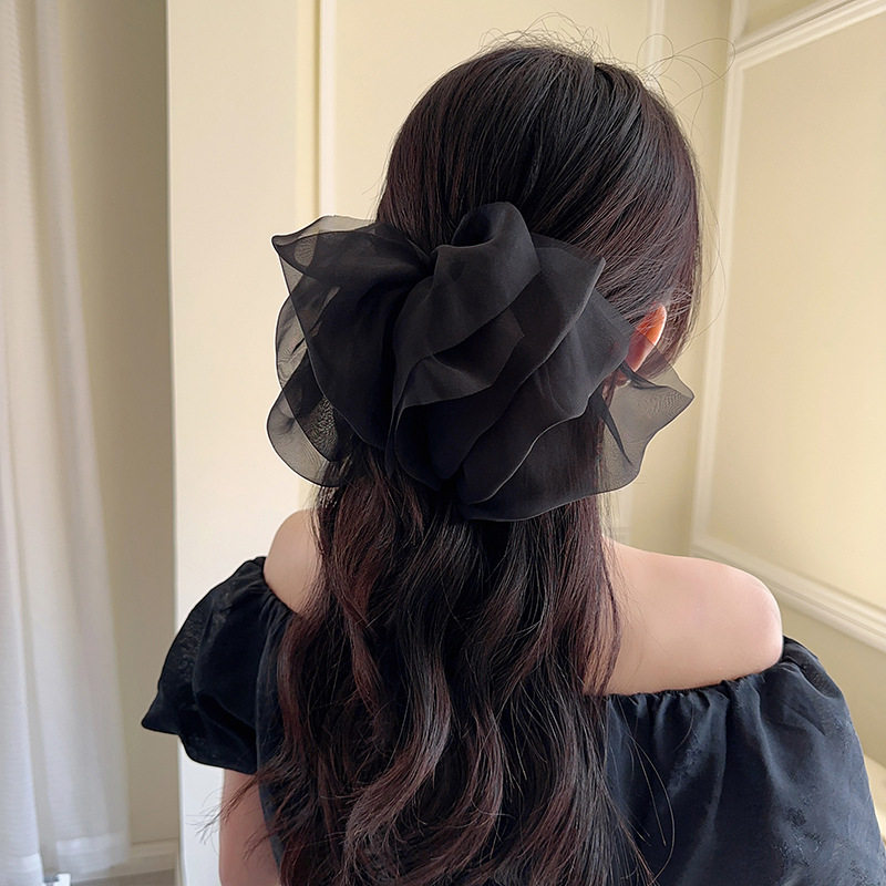 仙气~高级感蝴蝶结后脑勺高颅顶黑色网纱2023年新款弹簧夹发夹子