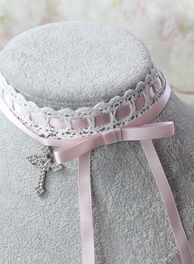 粉白十字架双层叠戴蕾丝项链choker项圈锁骨链修女少女甜妹蝴蝶结