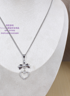 日系ins量产型复古vintage蝴蝶结满钻心形项链不锈钢小众miu可爱