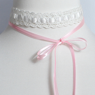 双层粉白色蕾丝蝴蝶结项链项圈锁骨链choker颈饰少女纯欲丝带长款